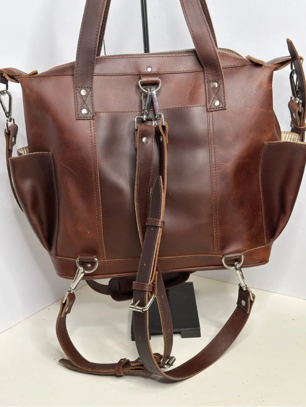 Western Look Convertible Brown Leather Tote with cross stitch Geo. Front Tote